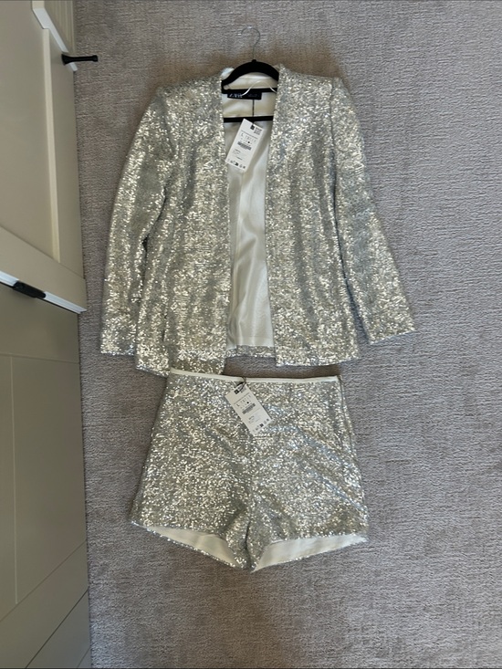 Zara Jackets & Blazers - Zara Silver Sequin Blazer and Shorts Set